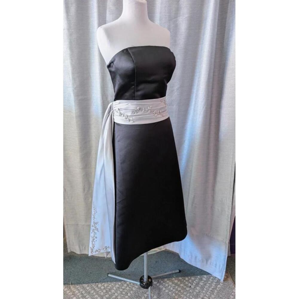 Black Satin Strapless Dress with Silver Satin Beaded Sash 12